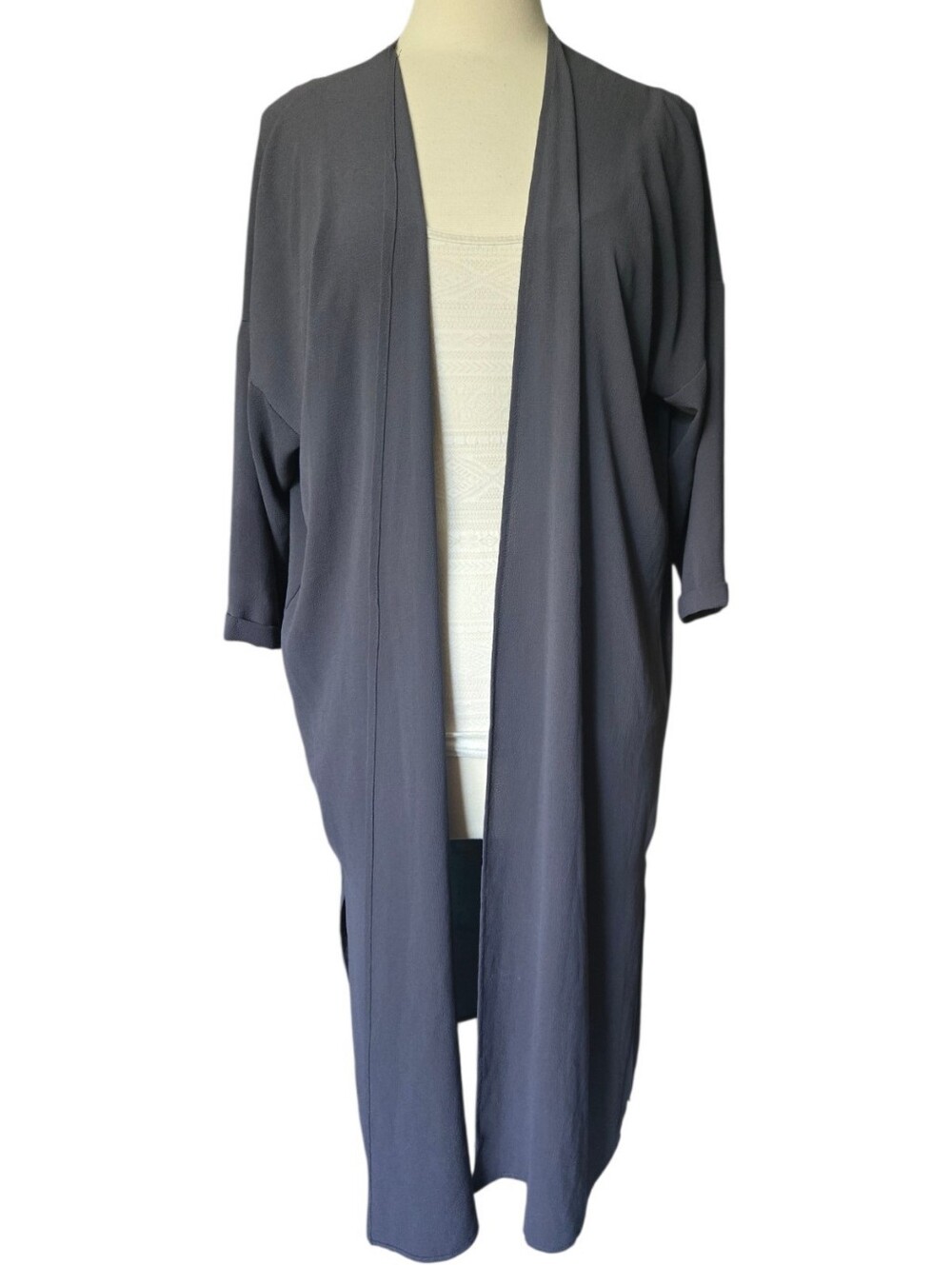 BLVD brand open-front long dusteLong Open Front Duster Cardigan in Charcoal Gray